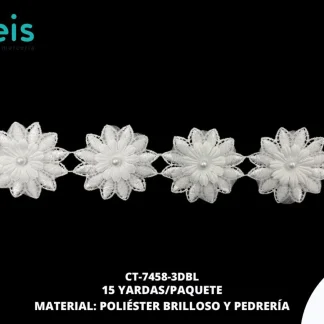 GUIPIUR POLIESTER BRILLOSO DECORADO CT-7458-3DBL BLANCO 5.5 CM 15 YARDAS/PAQUETE