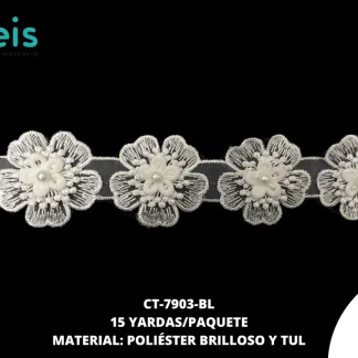GUIPIUR POLIESTER BRILLOSO DECORADO CT-7903-BL BLANCO 4 CM 15 YARDAS/PAQUETE