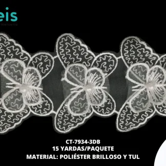 GUIPIUR POLIESTER BRILLOSO DECORADO CT-7934-3DB BLANCO 7.5 CM 15 YARDAS/PAQUETE