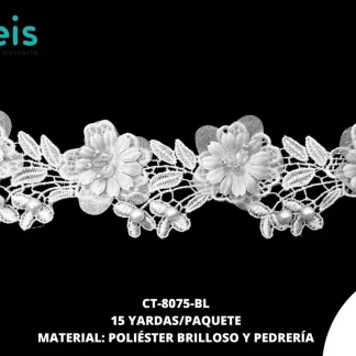 GUIPIUR POLIESTER BRILLOSO DECORADO CT-8075-BL BLANCO 3.5 CM 15 YARDAS/PAQUETE