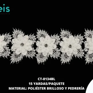 GUIPIUR POLIESTER BRILLOSO DECORADO CT-8134BL BLANCO 7.5 CM 15 YARDAS/PAQUETE