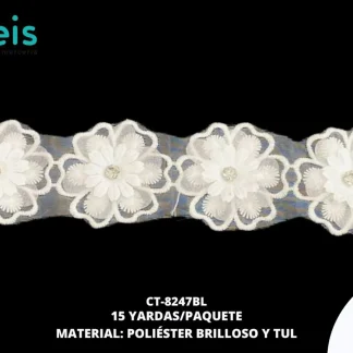 GUIPIUR POLIESTER BRILLOSO DECORADO CT-8247BL BLANCO 4.5 CM 15 YARDAS/PAQUETE