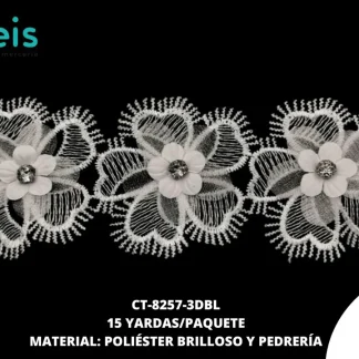 GUIPIUR POLIESTER BRILLOSO DECORADO CT-8257-3DBL BLANCO 6 CM 15 YARDAS/PAQUETE