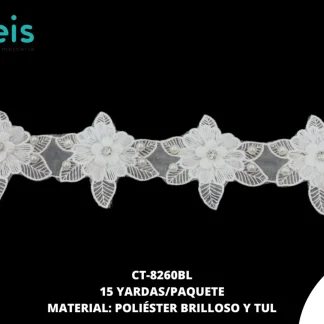 GUIPIUR POLIESTER BRILLOSO DECORADO CT-8260BL BLANCO 6.5 CM 15 YARDAS/PAQUETE