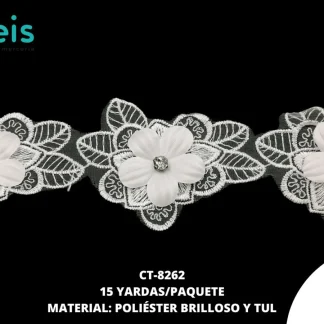GUIPIUR POLIESTER BRILLOSO DECORADO CT-8262 BLANCO 5.5 CM 15 YARDAS/PAQUETE