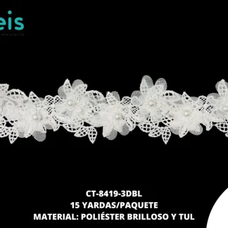 GUIPIUR POLIESTER BRILLOSO DECORADO CT-8419-3DBL BLANCO 4.5 CM 15 YARDAS/PAQUETE