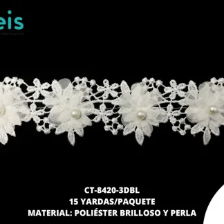GUIPIUR POLIESTER BRILLOSO DECORADO CT-8420-3DBL BLANCO 5 CM 15 YARDAS/PAQUETE