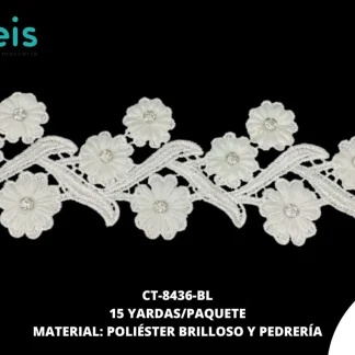 GUIPIUR POLIESTER BRILLOSO DECORADO CT-8436-BL BLANCO 8 CM 15 YARDAS/PAQUETE