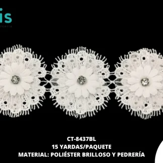 GUIPIUR POLIESTER BRILLOSO DECORADO CT-8437BL BLANCO 6 CM 15 YARDAS/PAQUETE