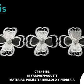 GUIPIUR POLIESTER BRILLOSO DECORADO CT-8441BL BLANCO 6.5 CM 15 YARDAS/PAQUETE