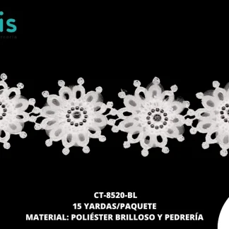 GUIPIUR POLIESTER BRILLOSO DECORADO CT-8520-BL BLANCO 5 CM 15 YARDAS/PAQUETE