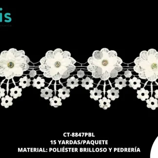 GUIPIUR POLIESTER BRILLOSO DECORADO CT-8847PBL BLANCO 11 CM 15 YARDAS/PAQUETE