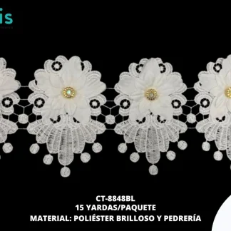 GUIPIUR POLIESTER BRILLOSO DECORADO CT-8848BL BLANCO 11.5 CM 15 YARDAS/PAQUETE