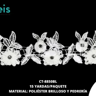GUIPIUR POLIESTER BRILLOSO DECORADO CT-8850BL BLANCO 6.5 CM 15 YARDAS/PAQUETE