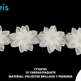 GUIPIUR POLIESTER BRILLOSO DECORADO CT7601BL BLANCO 6.5 CM 15 YARDAS/PAQUETE