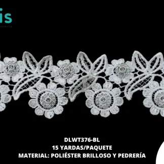 GUIPIUR POLIESTER BRILLOSO DECORADO DLWT376-BL BLANCO 6.5 CM 15 YARDAS/PAQUETE