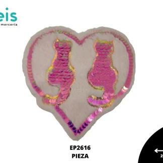 PARCHES BORDADOS Y ESTAMBRE CORAZON DOS GATOS LENTEJUELA EP2616 20cmX14cm