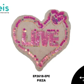 PARCHES BORDADOS Y ESTAMBRE CORAZON LOVE CON LENTEJUELA EP2618-EPE 22cmX22cm BLANCO/ROSA