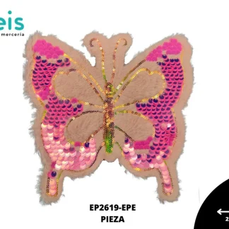 PARCHES BORDADOS Y ESTAMBRE MARIPOSA CON LENTEJUELA EP2619-EPE 22cmX22cm ROSA