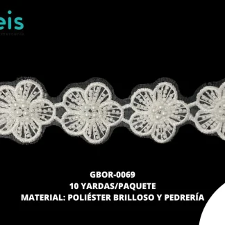GUIPIUR POLIESTER BRILLOSO DECORADO GBOR-0069 BLANCO 3.5 CM 10 YARDAS/PAQUETE