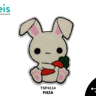 PARCHES BORDADOS Y ESTAMBRE CONEJO SENTADO CON ZANAHORIA PAR-CZ5 16cmX19cm BLANCO