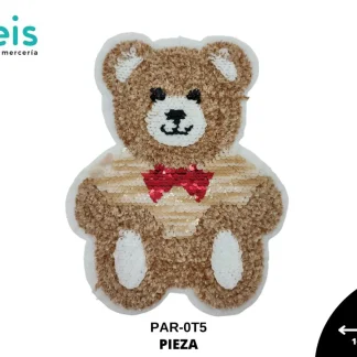 PARCHES BORDADOS Y ESTAMBRE OSO MOÑO ROJO LENTEJUELA CHENILLE PAR-OT5 16cmX20.5cm CAFE