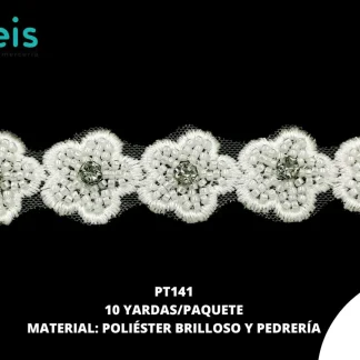 GUIPIUR POLIESTER BRILLOSO DECORADO PT141 BLANCO 3 CM 10 YARDAS/PAQUETE