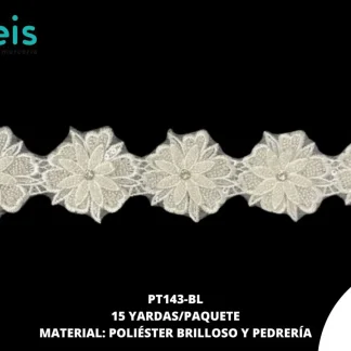 GUIPIUR POLIESTER BRILLOSO DECORADO PT143-BL BLANCO 6.5 CM 15 YARDAS/PAQUETE