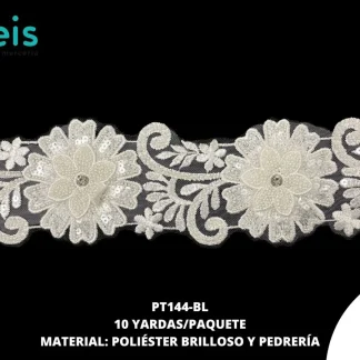 GUIPIUR POLIESTER BRILLOSO DECORADO PT144-BL BLANCO 10 CM 10 YARDAS/PAQUETE