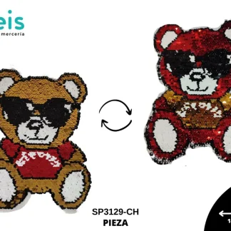 PARCHES LENTEJUELA OSO PLAYERA ROJA SENTADO CON LENTES SP3129-CH 14cmX19cm