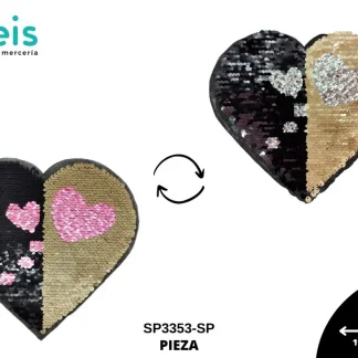 PARCHES LENTEJUELA CORAZON SP3353-SP 19cmX17.5cm DORADO/NEGRO