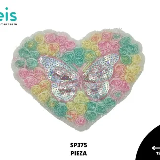 PARCHES BORDADOS Y ESTAMBRE CORAZON MARIPOSA CON LENTEJUELA SP375 19.5cmX14.5cm MULTICOLOR