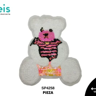 PARCHES BORDADOS Y ESTAMBRE OSO SENTADO SP4258 17.5cmX19.6cm BLANCO/ROSA