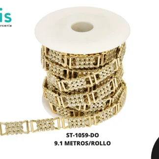 STRASS PLAST MOÑO PIEDRA 9mm REF 1XZ-204 DORADO 9.1m/pqt