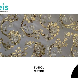 TELA MESH DORADO CON LENTEJUELA 1.30 ANCHO REF: 6348-0091 ROLLO 50 MTS