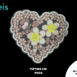 PARCHES BORDADOS Y ESTAMBRE CORAZON TULL CON FLORES TSP1983-CM 15.5cmX14.5cm