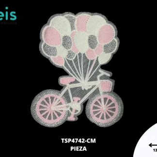 PARCHES BORDADOS Y ESTAMBRE BICICLETA CON GLOBOS TSP4742-CM 13.5cmX17cm BLANCO/ROSA