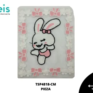 PARCHES BORDADOS Y ESTAMBRE CUADRO DE FLOR Y MOÑO CON CONEJO TSP4818-CM 16cmX19.5cm BLANCO/ROSA