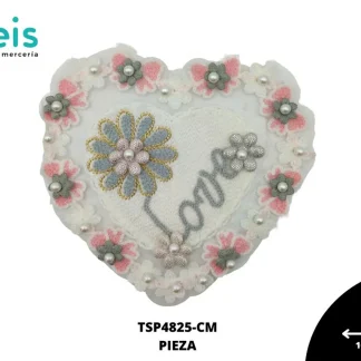 PARCHES BORDADOS Y ESTAMBRE CORAZON FLOR LOVE Y PERLA TSP4825-CM 16cmX15cm BLANCO