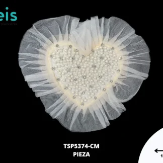 PARCHES BORDADOS Y ESTAMBRE CORAZON CON PERLA Y TULL TSP5374-CM 17cmX15cm BLANCO