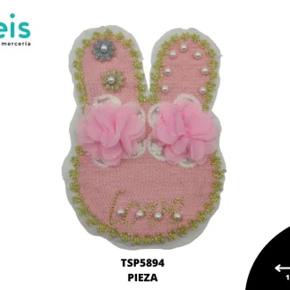PARCHES BORDADOS Y ESTAMBRE CONEJO FLORES TUL CON PERLA TSP5894 12cmX17cm ROSA