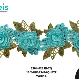 GUIPIUR BORDADO DECORADO 6304-0211B-TQ TURQUESA 10 CM 10 YARDAS/PAQUETE