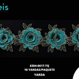 GUIPIUR BORDADO 3D 6304-0617-TQ TURQUESA 8 CM 10 YARDAS/PAQUETE