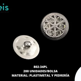 BOTON PLASTICO PATA DECORADOS PEDRERIA 802-34PL 34L (21.5mm) 200 PZ/PQT PLATA