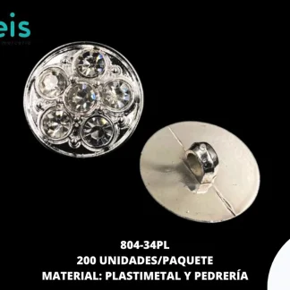 BOTON PLASTICO PATA DECORADOS PEDRERIA 804-34PL 34L (21.5mm) 200 PZ/PQT PLATA
