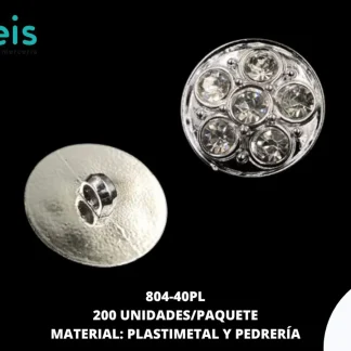 BOTON PLASTICO PATA DECORADOS PIEDRA 804-40PL 40L (25mm) 200 PZ/PQT PLATA