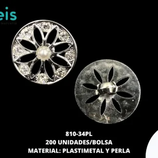 BOTON PLASTICO PATA DECORADOS FLOR PERLA 810-34PL 34L (21.5mm) 200 PZ/PQT PLATA