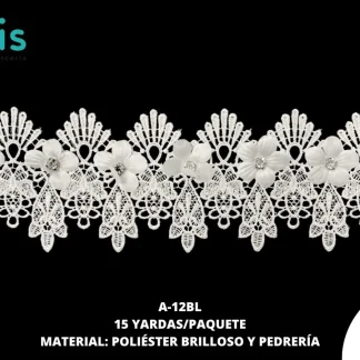GUIPIUR POLIESTER BRILLOSO DECORADO A-12BL BLANCO 15 YARDAS/PAQUETE
