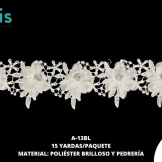 GUIPIUR POLIESTER BRILLOSO DECORADO A-13BL BLANCO 15 YARDAS/PAQUETE
