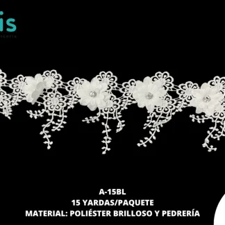 GUIPIUR POLIESTER BRILLOSO DECORADO A-15BL BLANCO 15 YARDAS/PAQUETE